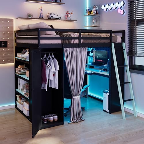 Merax Full Size Loft Bed with Desk and 6 Storage Shelves, Wardrobe, Blackout Curtain, Solid Wood Gaming Loft Bed Frame with USB Port & RGB Lights, No Box Spring Needed, Space-Saving, Black+Blue by Merax