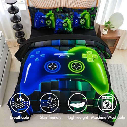 PERFEMET Gamer Comforter Queen Set 6 Pieces Blue and Green Game Console Boys Bedding Set with Sheets Soft Fluffy 3D Video Game Bed in a Bag for Kids Teen(Blue Green, Queen) - Image 4