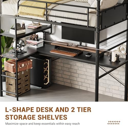 GarveeHome Loft Bunk Bed with L-Shaped Desk, Industrial Twin Loft Bed,Black - Image 6