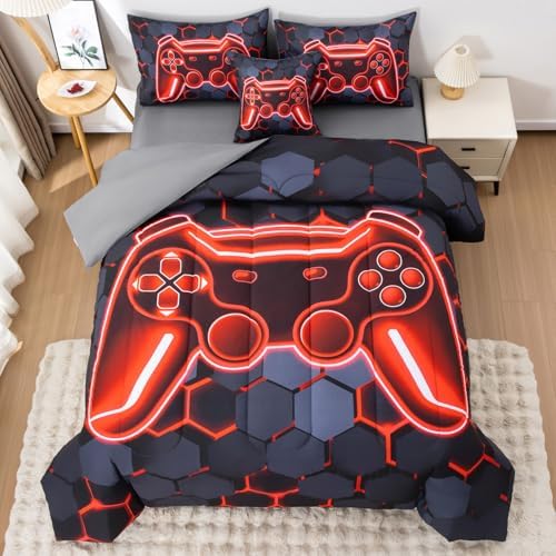 6Pcs Gamer Comforter Set with Sheets for Boys Girls Kids Teens, Colorful Gaming Themed Bed in A Bag Full Size, Black 3D Video Game Controller Bedroom Decor Bedding Set - Image 2