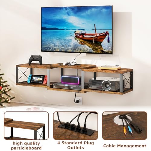 IBUYKE Floating TV Stand with Power Outlet,Wall-Mounted Floating Stand for TVs up to 55",Metal Entertainment Center,Wall Mounted TV Shelf with Storage for Living Room Bedroom,Rustic Brown UWST011H - Image 6