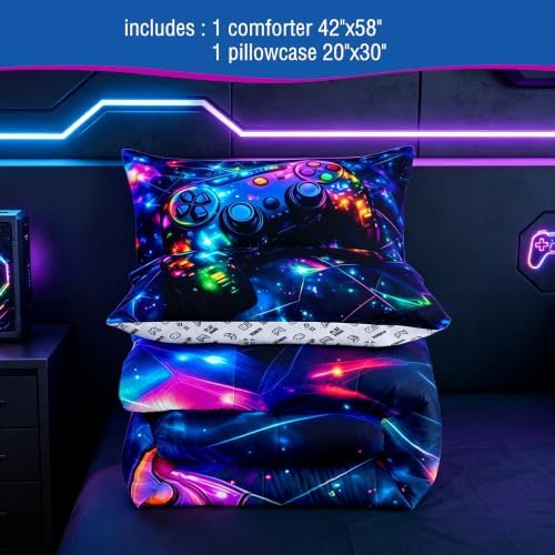 Feelyou Kids Gamer Comforter Set Toddler Size, Galaxy Gaming Bedding Set Glitter Game Comforter Boys Girls Gamepad Teens Duvet Set Bedroom Decor Bed Set 2Pcs - Image 4