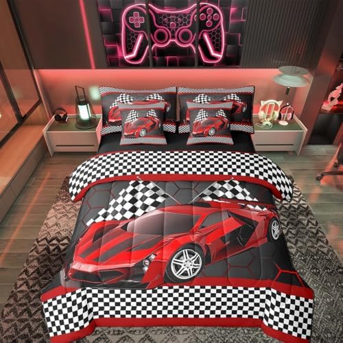 Feelyou Race Car Queen Comforter Set with Sheets for Kids Boys Black White by Feelyou