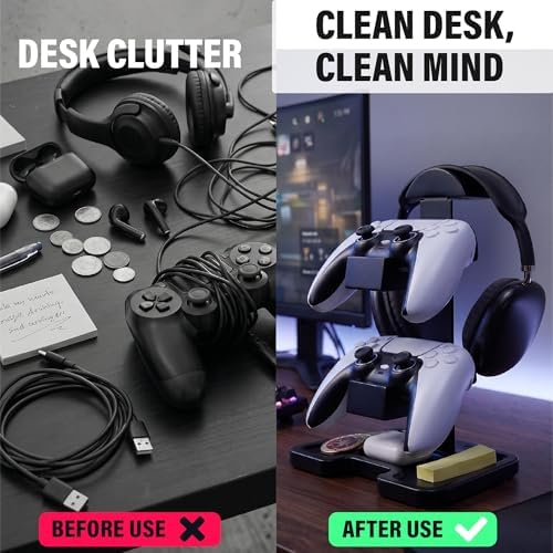 Gaming Equipment Headset Stand with Dual Controller Organizer Rack & Storage Base, Headphone Stand Gamer Gifts for Men Teenage Boy, Unique Gifts for Gamers to Organize Gaming Accessories (Black Wood) - Image 2