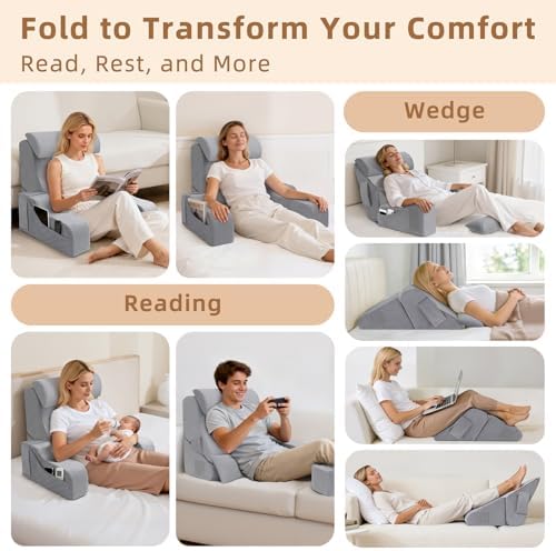 Foldable Reading Pillow for Sitting in Bed Adult, Grey, 19" - Image 3