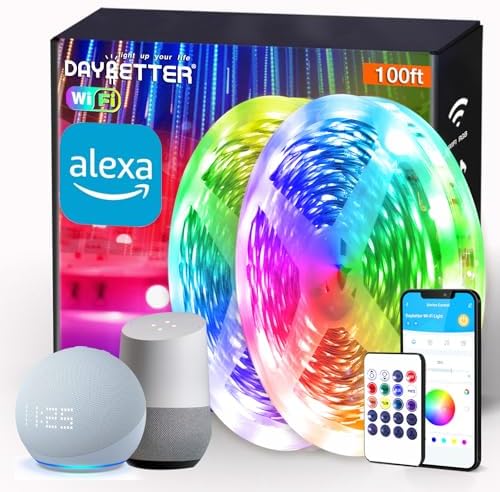DAYBETTER Smart WiFi Led Lights 100ft - Led Strip Lights Work with Alexa and Google Assistant RGB Strip Lighting Music Sync Color Changing with App Voice Remote Control for Room Bedroom Decor 50ft*2 by DAYBETTER