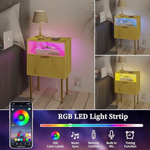 JOONEE Nightstand with Charging Station, Bedside Table with Storage Drawer, Fluted Side Table for Living Room, Bedroom - Image 5