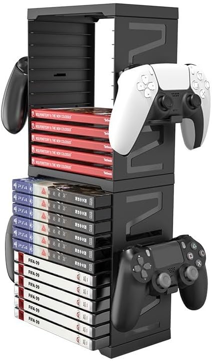 Video Game Storage Rack, 24 Game Disk Holders, 4 Controller Holders, Universal for PS5/PS4/Xbox Series S & X/Xbox, Black, 12 Pack by Unknown