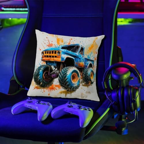 Watercolor Monster Truck Throw Pillow Cover 18x18 Inch,Set of 4 Kids Toddler Bedroom Decor,Abstract Cartoon Style Pillowcase for Sofa Vintage Hot Wheel Car Cushion Covers Boys Playroom Home Decoration - Image 5