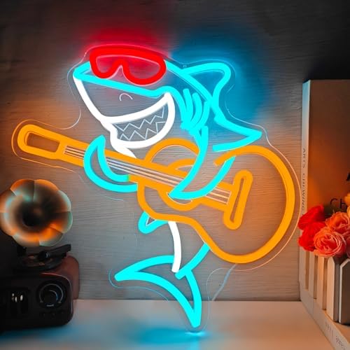 Shark Playing Guitar Neon Sign Dimmable Shark Neon Lights Guitar Led Light USB Sharks Live Music Light Up Sign Funny Led Wall Decor for Music Bar Shark Gift by hhuohuona