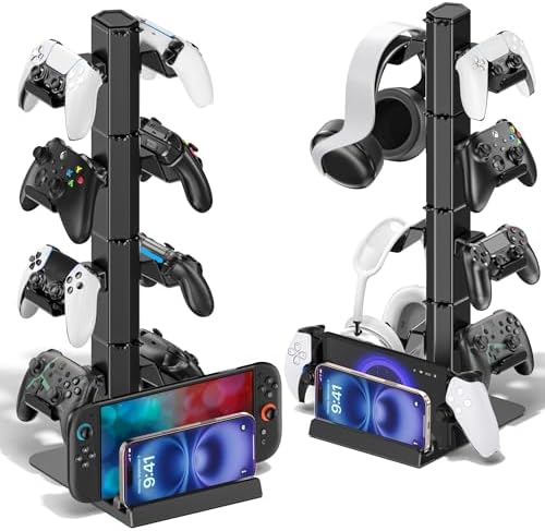 Headphone and Game Controller Desk Stand for PS5/ Xbox/ PS4 Controller, 4 Tiers Headset Hanger with Organizer for Switch 2/1/PS Portal Game Console, Multiple Controller Storage Dispay Rack- 8 Hooks by KOSKER