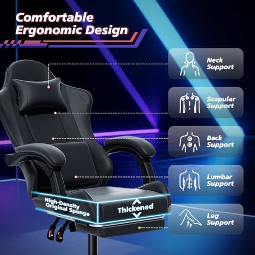 Magshion Video Gaming Computer Chair with Footrest, Black | Ergonomic, Lumbar Support, Adjustable Height, Racing Style, High Back Recliner, Comfy Leather, Swivel Seat, for Home Office - Image 5
