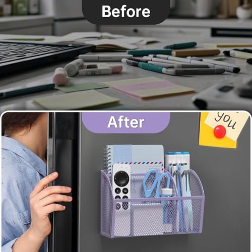 YINGHUA 3 Compartment Magnetic Metal Mesh Pen Holder, Purple Desk Caddy - Image 3
