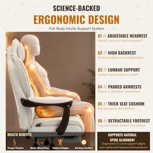 Dowinx Big and Tall Gaming Chair with Footrest for Home Office 500LBS White | High Back Leather Office Chair, Extra-Wide & Thick-Padded Seat Cushion with Ergonomic Lumbar Support and Soft Linkage Armrest - Image 6