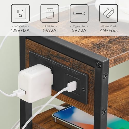 HOOBRO Small Narrow Side Table with Charging Station, Skinny End Table for Small Spaces, Slim Nightstand with USB Ports Outlet, Sofa Beside Table with Storage Shelf, Rustic Brown and Black BF102UBZ01 - Image 4