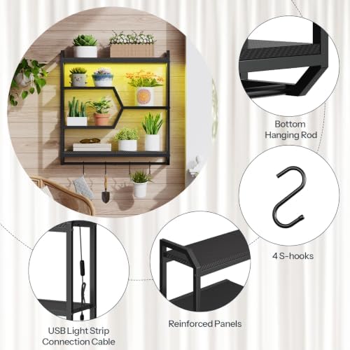 HOOBRO Gaming Floating Shelf with LED Lights, 27.5" LED Wall Mounted Shelf with Hanging Rod & 4 S-Hooks, 4-Tier Hanging Display Rack, for Living Room, Gaming Room, Black BB71DBJ01 - Image 6