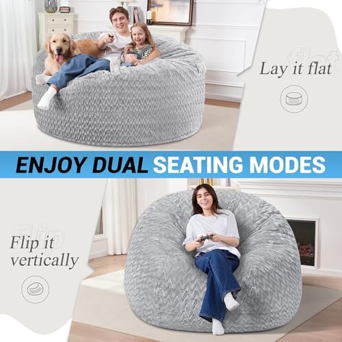 5FT Bean Bag Chair,Giant Bean Bag Chairs for Adults,Big Bean Bags with Memory Foam Filled, Large Beanbag Chairs with Chevron Plush Cover-Light Grey - Image 2