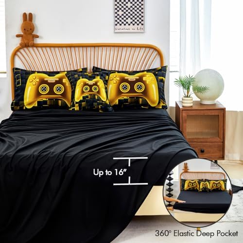 PERFEMET 6 Pieces Queen Bed in A Bag Gamer Black and Gold Boys Comforter Set with Sheets Soft Fluffy 3D Cool Video Game Kids Bedding Set for Teen Girls(Gold, Queen) - Image 5
