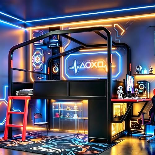 Bellemave Twin Size Gaming Loft Bed with Side Desk, Storage Cabinets & USB Ports, Metal Low Loft Bed Frame with Canopy Design & LED Lights for Kids Teens (Black/Twin) by Bellemave