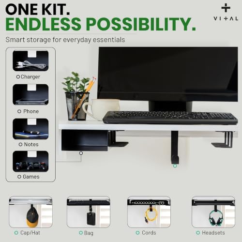 VI+AL Under Desk Laptop Mount - Hidden Metal Shelf with Side Storage, Hook & Cable Organizer - Installs with Tape & Screws - Fits Devices up to 1.7" Thick - Deluxe + LED (USB Light Strip & Remote) - Image 5