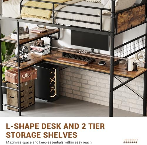GarveeHome Loft Bunk Bed with L-Shaped Desk, Industrial Twin Loft Bed,Brown - Image 6