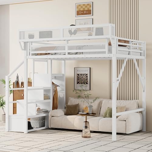 KEIKI Full Size Metal Loft Bed Frame with Convertible Staircase, Built-in Storage Shelves and Wardrobe, Loft Bed with Solid Slats, Guardrail, No Box Spring Required, Easy Assembly, for Bedroom, White - Image 4