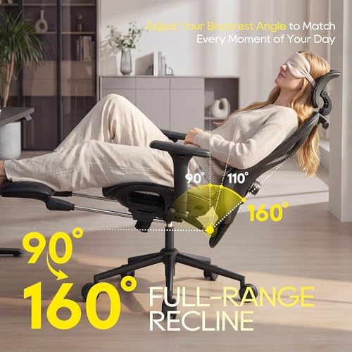 CYKOV Ergonomic Office Chair with Footrest - Adjustable Lumbar Support & Headrest, 90-160° Reclining Mesh Back Computer Chair - Home Office/Gaming, 350lbs Capacity (B-Black, Mesh) - Image 2