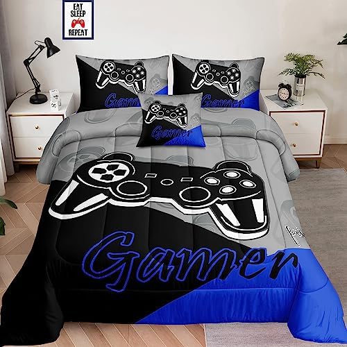 5 Pieces Bed in a Bag for Gaming Bedding Set,Boys Gamer Comforter Set with Flat Sheet,Fitted Sheet,Pillowcases,Cushion Cover,Game Console Pattern Bed Set for Kids Boys Room Decor by lrisBedding
