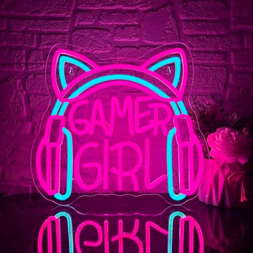 Mutank Gamer Girl Cat Headphones Neon Sign, Game Room Neon Sign USB Powered Game Headphone Sign LED Dimmable, for Gaming Room Bedrooms and Cat Ear Girl Man Caves Decor(13.3 * 12.2 In) by Unknown