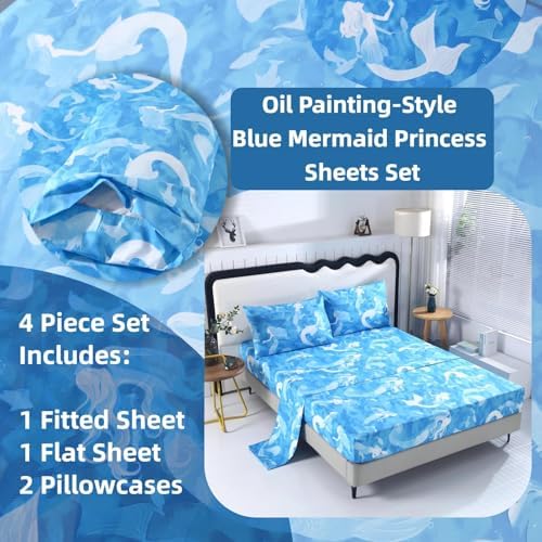 SDIII 4PCS Oil Painting Style Blue Mermaid Sheets Full Set, Microfiber Princess Sheets Full, Painterly Blue Mermaid Princess Bedding Sheet for Girls - Image 3