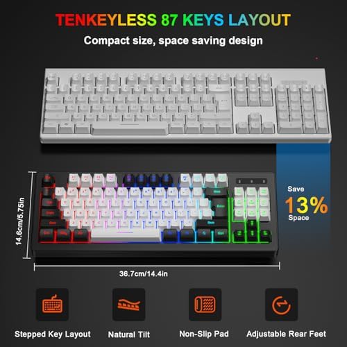 BlueFinger Wireless Gaming Keyboard and Mouse Combo, RGB Rainbow Backlit Rechargeable Battery, 87 Keys TKL Light Up Keyboard with Ergonomic Gaming Mouse for Mac Laptop Computer PC Gamer(Black & White) - Image 5