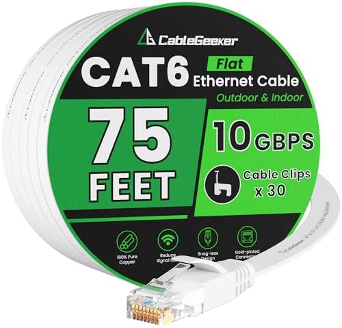 CableGeeker Cat 6 Flat Ethernet Cable 75ft, 10Gbps, White by CableGeeker
