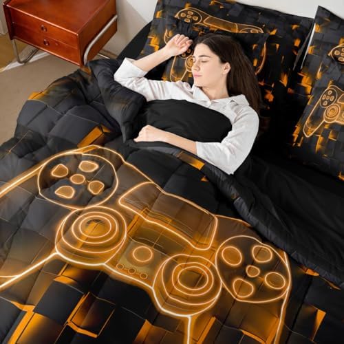 Erosebridal Gaming Bed in A Bag 7 Piece Modern Gamer Queen Bedding Set with Sheets | Video Games Comforter Set for Kids Boys Teens Bedroom, Gamepad Ombre Geometric Bed Sets, Orange - Image 7