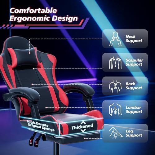 Magshion Video Gaming Computer Chair with Footrest, Red | Ergonomic, Lumbar Support, Adjustable Height, Racing Style, High Back Recliner, Comfy Leather, Swivel Seat, for Home Office - Image 5