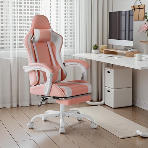 Shahoo Gaming Chair with Footrest and Massage Lumbar Support, Video Racing Seat Height Adjustable with 360° Swivel and Headrest for Office or Bedroom, Light Pink - Image 7