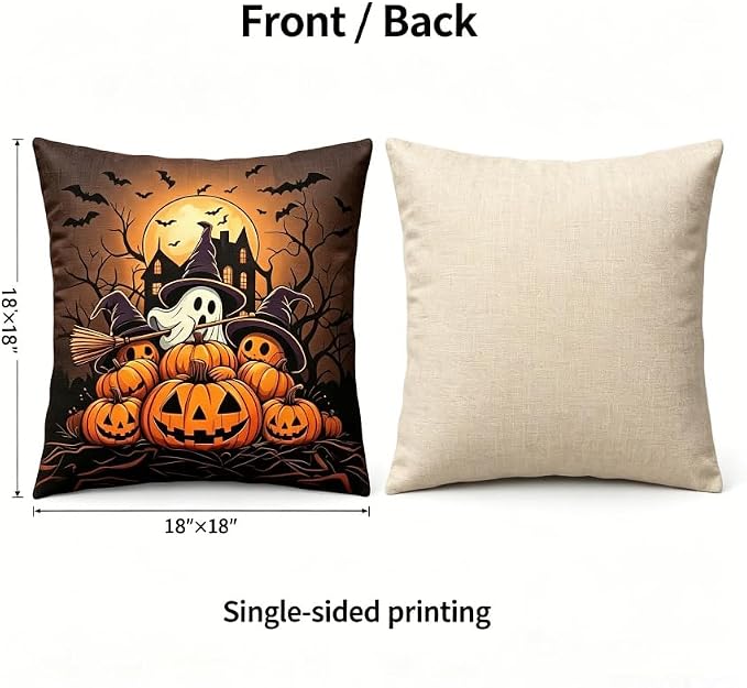 Halloween Throw Pillow Covers, Linen, 18x18 Inch, Set of 2, Ghost Pumpkin and Bat Design, Machine Washable - Image 4