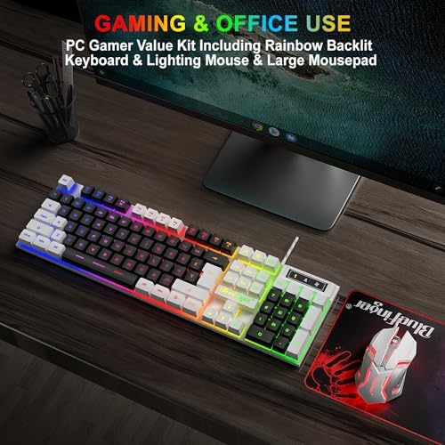 BlueFinger RGB Gaming Keyboard and Backlit Mouse Combo, USB Wired, LED Gaming Set for Laptop PC Computer Game and Work (White & Black) - Image 6