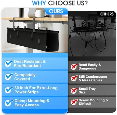 Under Desk Cable Management Tray, 40-inch No-Drill Cord Organizer with Anti-Sag Reinforced Base, Fabric Wire Management Hider for Standing Desk, Office & Gaming Accessories - Black - Image 6