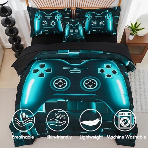 PERFEMET Gamer Bedding Set Twin Size 6-Piece Teal Blue Game Console Bed in A Bag for Boys Kids Teen 3D Black Gamepad Gaming Bedroom Collections(Teal, Twin) - Image 4