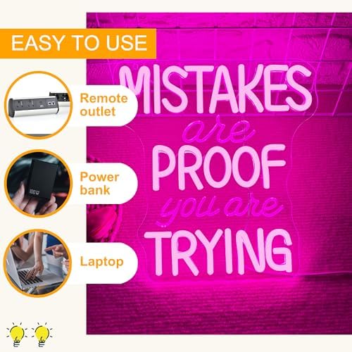 Allball Mistakes Are Proof You Are Trying Neon Sign, Motivational Neon Sign USB Powered LED Dimmable, for Classroom Office Children Room Bedroom Living Room Sign, Graduation Gift(11.8 * 11 In) - Image 3
