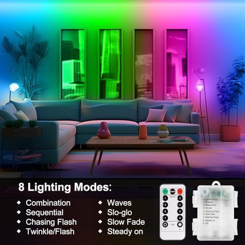 echosari 9.8FT 90Led RGB Strip Lights Battery Powered Remote Control, 8 Modes, Dimmable, Timer, Self-Adhesive, Cuttable, Waterproof, for TV Computer Monitor/Screen Decor (Pack of 3) - Image 3