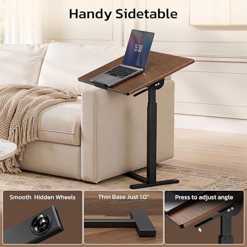 Mobile Standing Desk Adjustable Overbed Table, Pneumatic Height Adjustable Rolling Laptop Desk with Hidden Wheels, 0-180°Tilt Top Rolling Computer Cart Foldable for Home Office, Craft & Study, Brown - Image 6