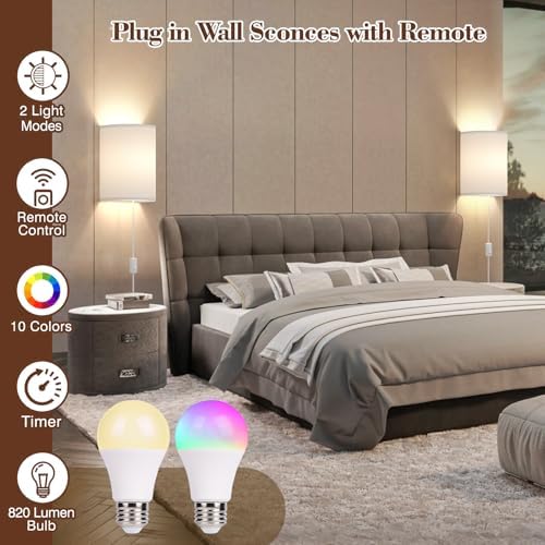 Plug in Wall Sconces Set of Two: Wall Lights with 7 RGB Colors - 3 Color Temperature Wall Mount Lamps with Remote - Fabric Linen Wall Sconc for Bedroom Living Room & Hallway- Indoor Corded Wall Sconce - Image 2