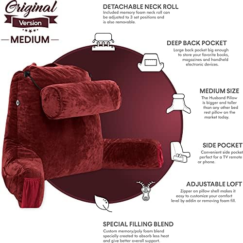 Husband Pillow Medium Reading Pillow with Arms - 23" Backrest for Sitting Up in Bed - Firm Support Bed Rest Pillow for Adults, Neck Roll, Removable Cover - TV, Reading, Lounging - Maroon - Image 5