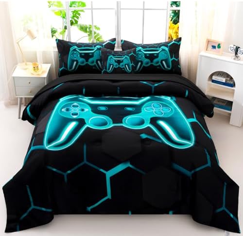 Gamer Queen Comforter Set with Sheets 6Pcs Teal Gaming Boys Bedding Set Lake Blue 3D Game Console Bed in A Bag Gamepad Print Honeycomb Bedding Collection for Bedroom (Teal, Queen) by BYHOFMLY