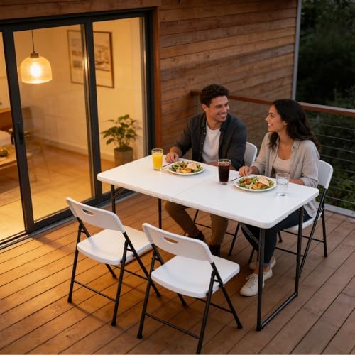 4FT Folding Table 2 Pack,Adjustable Height Heavy Duty Plastic Folding Tables with Carry Handles,Fold-in-Half Portable Tables with Steel Legs for Party, Wedding,Camping, Picnic,Indoor Outdoor,White - Image 2