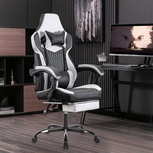 Gaming Desk Chair for Adults, Ergonomic Gaming Chair (Black+White-1) | with Footrest & Headrest and Lumbar Support, Leather Material Height Adjustable computer Video Game Chairs - Image 2