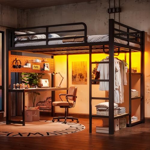 Bellemave Metal Full Size Loft Bed with Desk and LED Lights,Heavy Duty Loft Bed Frame with Storage Shelves and Charging Station for Kids,Teens,Adults, Space Saving,Black by Bellemave
