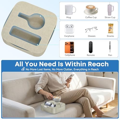 Couch Cup Holder Pillow, Couch Caddy for Drink, Snack, Phone, Remote, Game Controller, Removable and Washable Cup Cozy Pillow, Small Sofa Cup Holder Tray for Bed, Car, Desk, Sofa, Khaki - Image 2