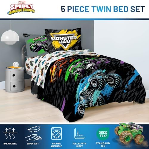 Monster Jam Trucks Twin Comforter Set 5 Piece Kids Bedding for Boys, Black - Image 4